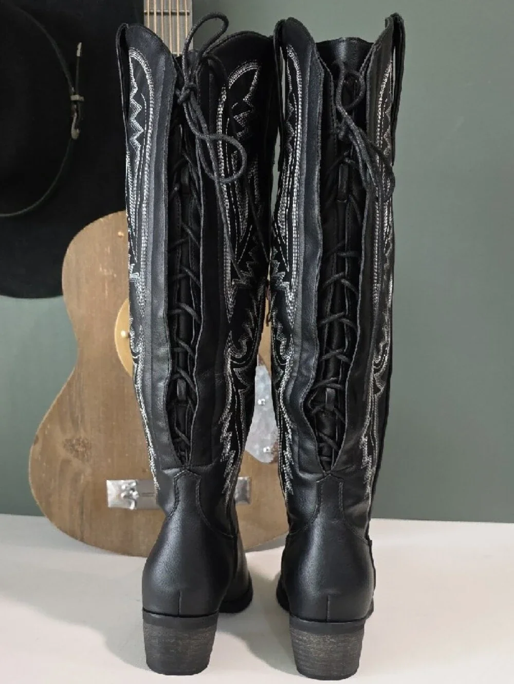Onlymaker Black Embroidered Cowboy Boots Knee High Western Cowgirl Sz 9